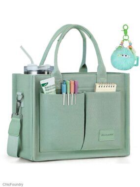 Structured Canvas Tote Bag with Zipper, Multi-Compartment Work Travel Purse